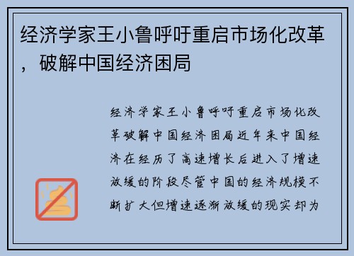 经济学家王小鲁呼吁重启市场化改革，破解中国经济困局